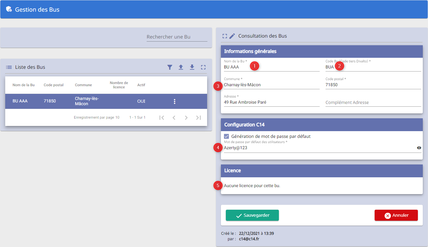 Page gestion des BUs