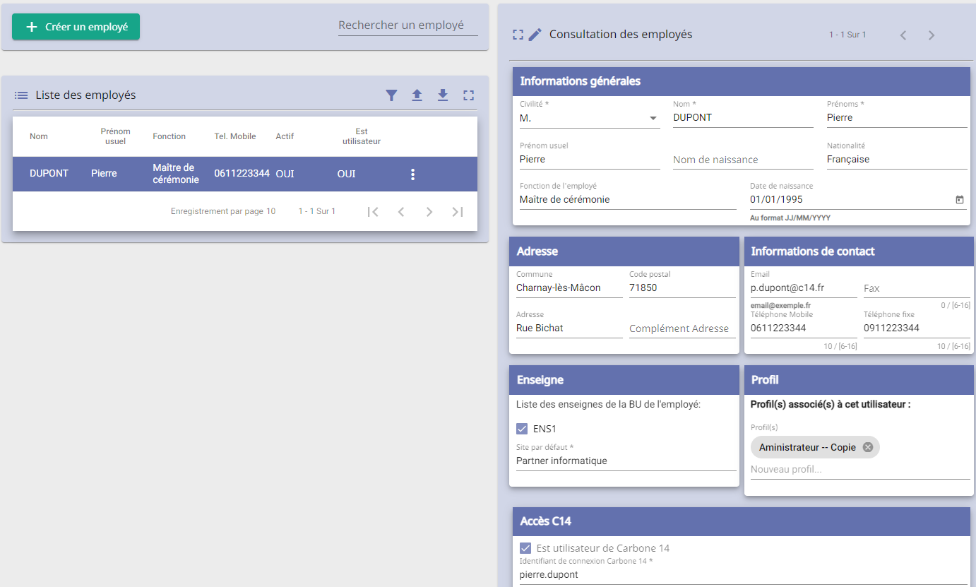 Page de gestion des employés