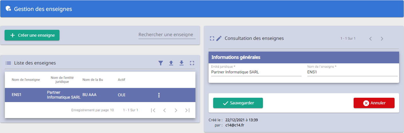 Page de gestion des enseignes