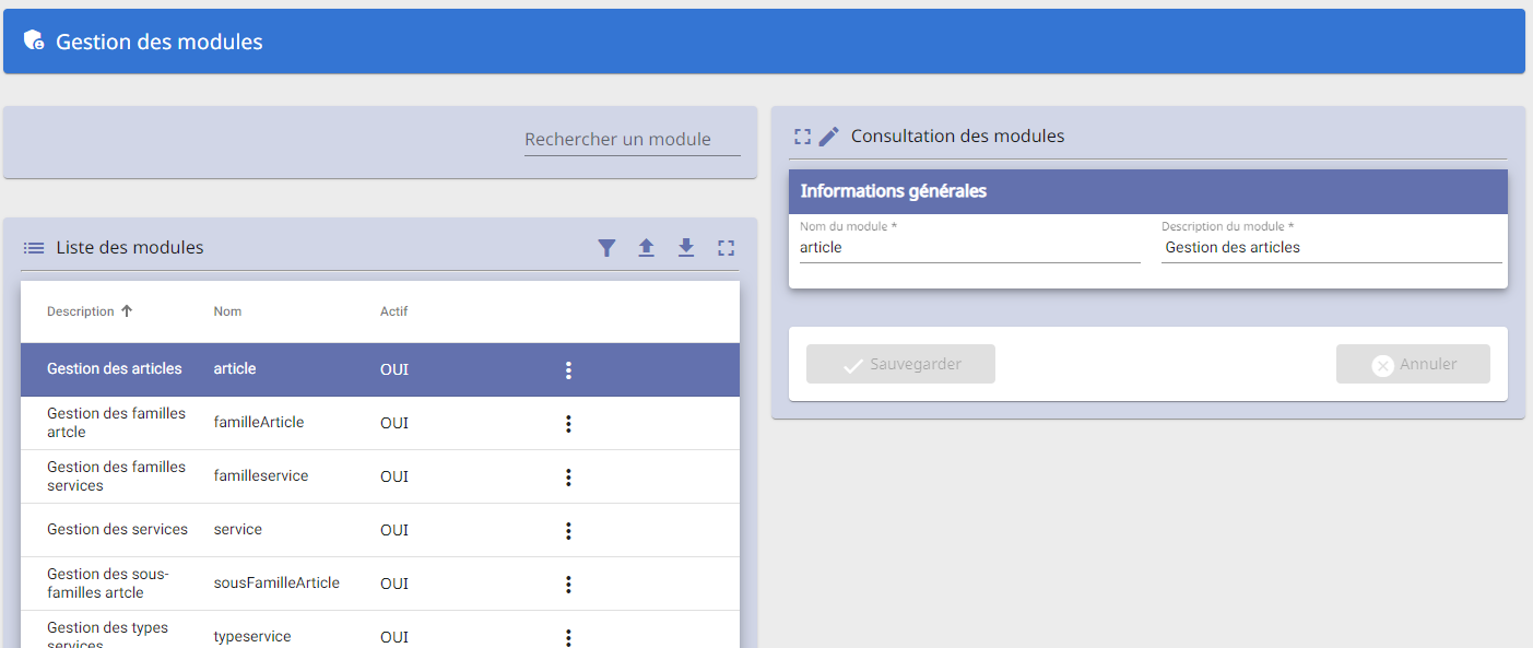 Page gestion des modules