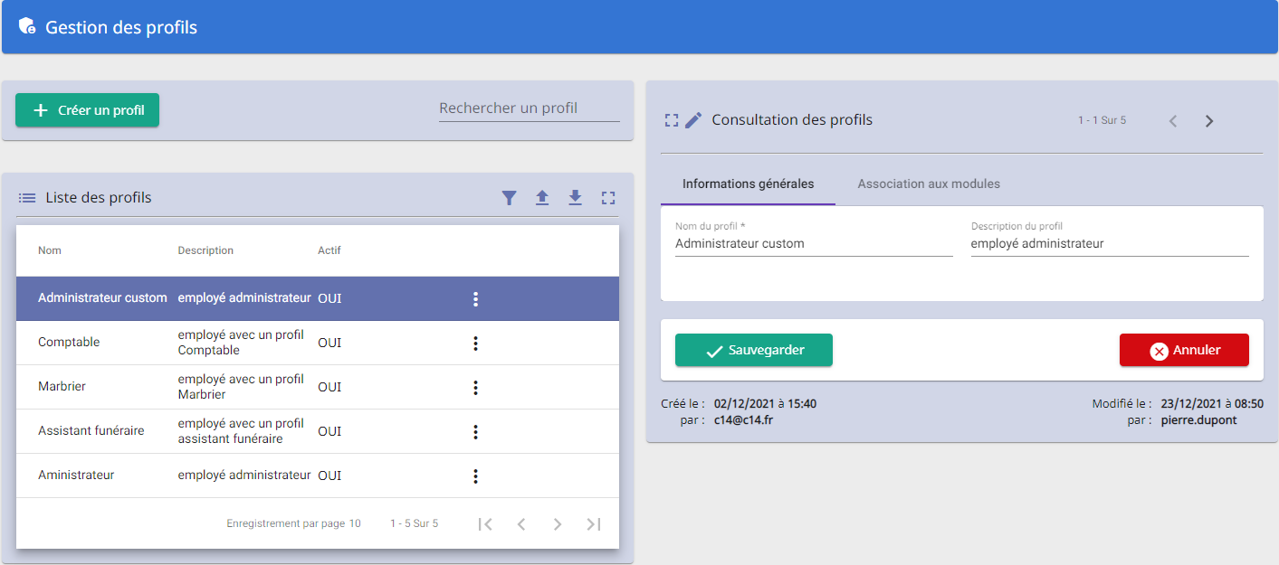 Page gestion des profils