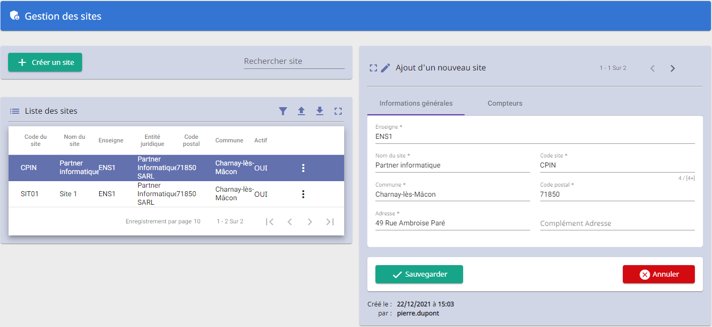 Page de gestion des sites