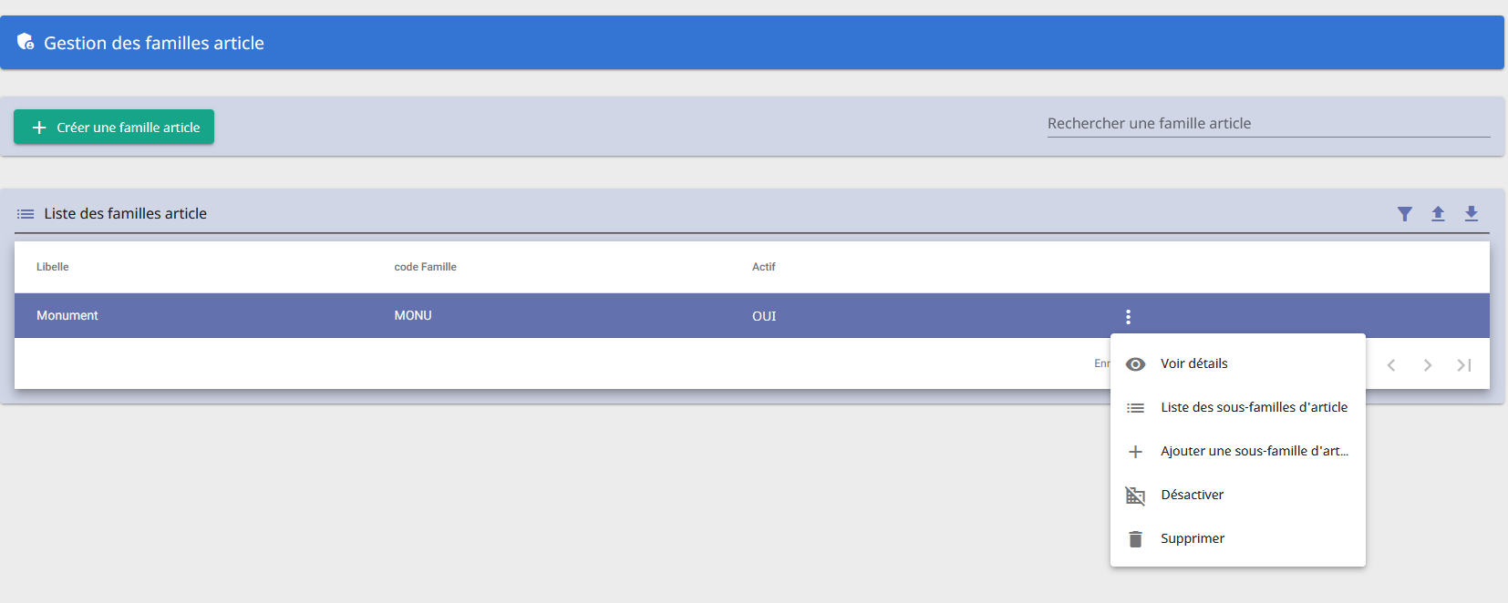 Page gestion Familles Article