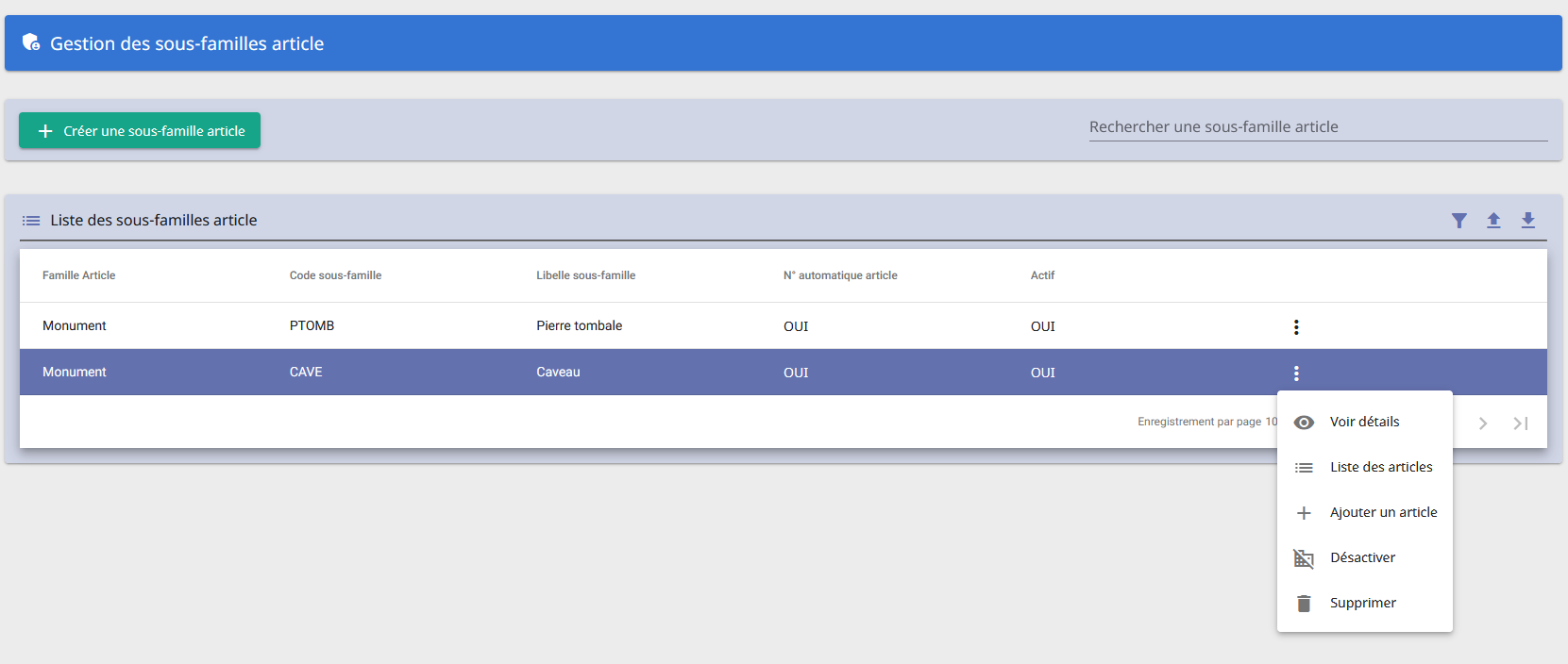 Page gestion Sous-Familles Article