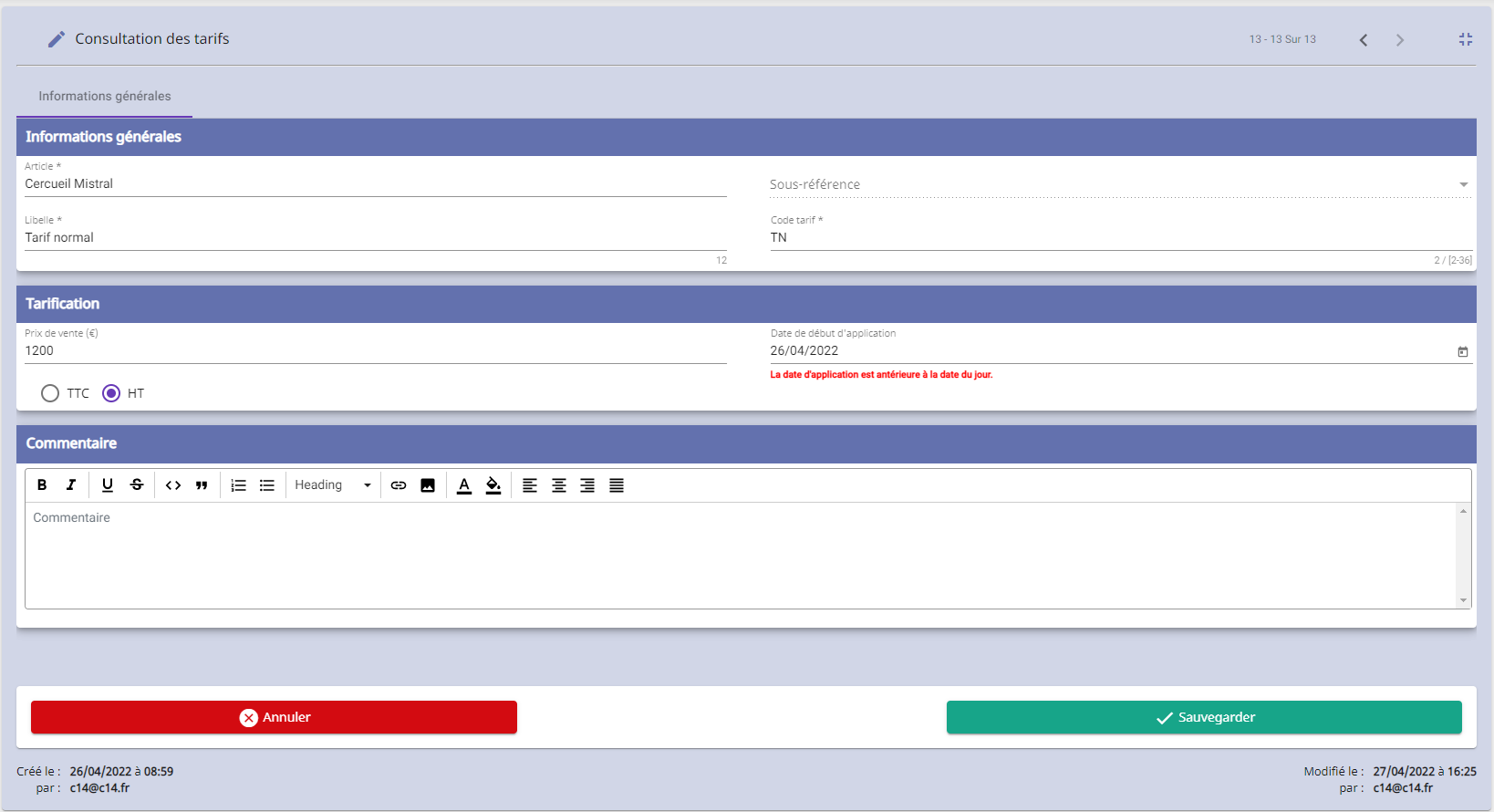 Page Tarifs