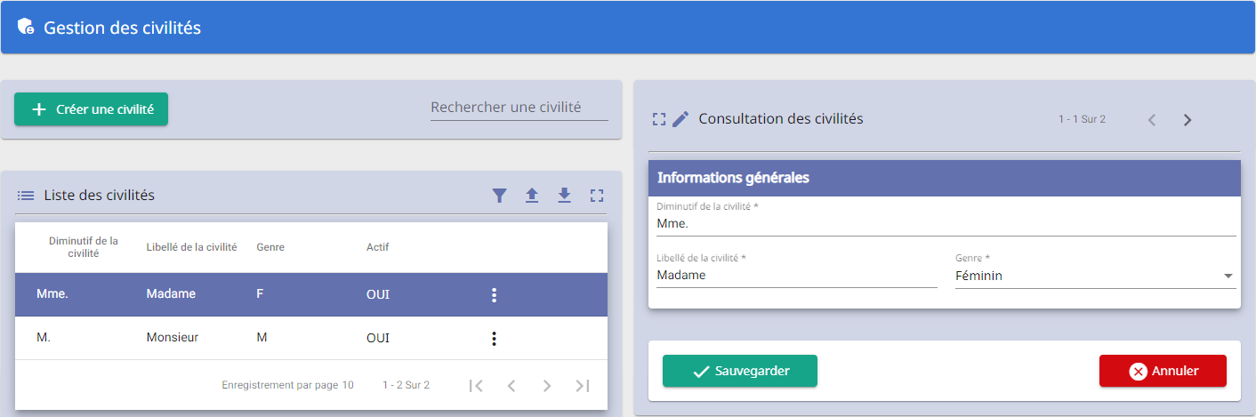 Page gestion des Civilités