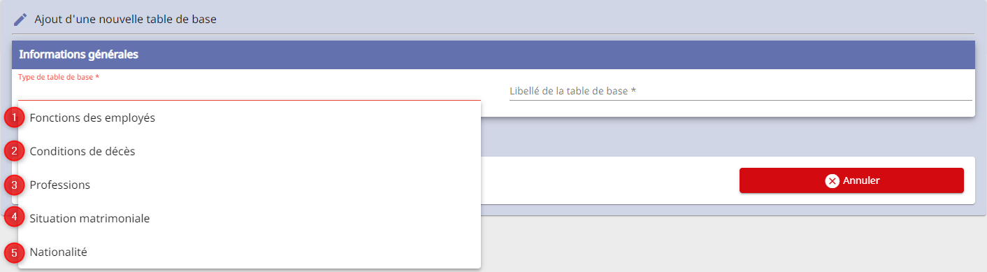 Liste des types de table de base