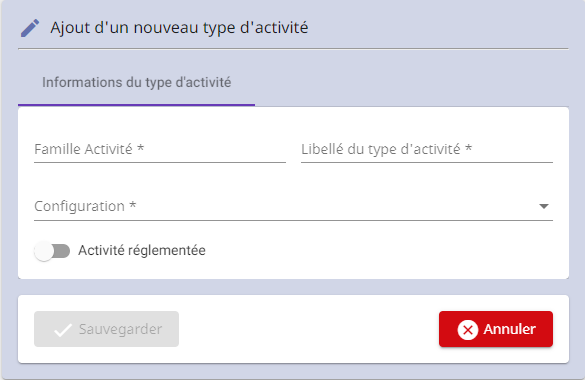 Page des types d'activité