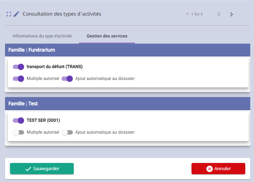 Page des types d'activité