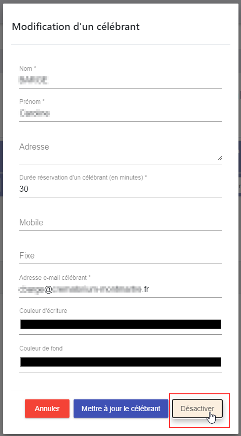 Désactivation d'un célébrant